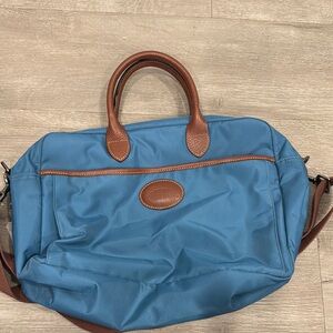 Blue and Brown Duffel Bag with Leather Accents